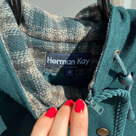 Vintage 80s Herman Kay Forest Green Plaid Hooded Wool Winter Coat, SZ 8 - Picture 3 of 10